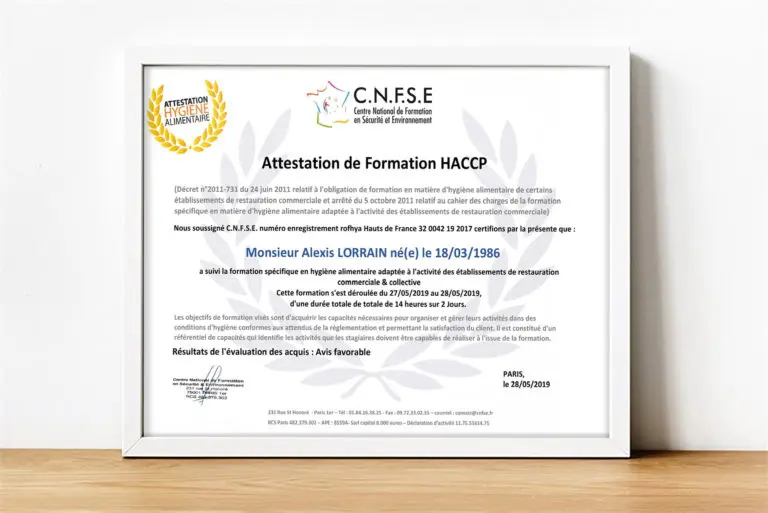 Attestation formation HACCP